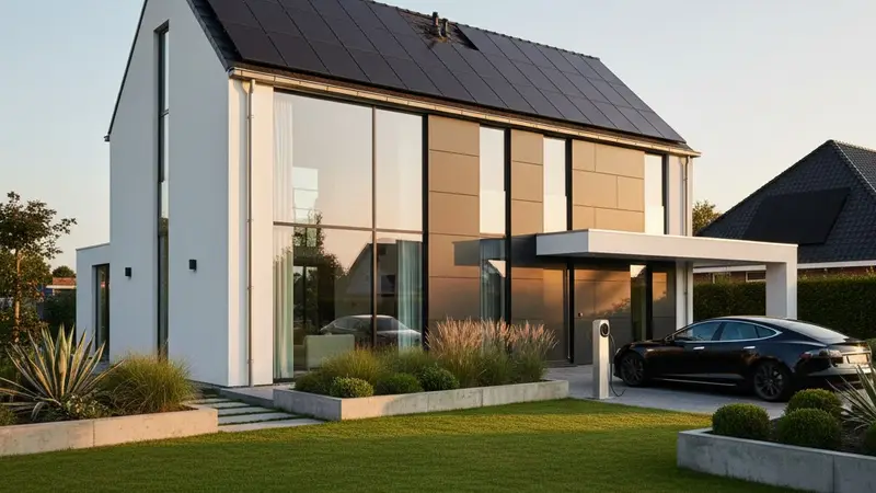 Moderne woning met zonnepanelen op het dak